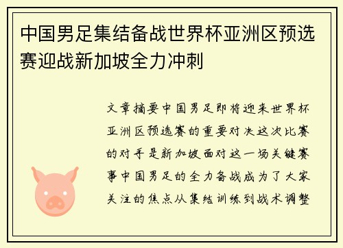 中国男足集结备战世界杯亚洲区预选赛迎战新加坡全力冲刺